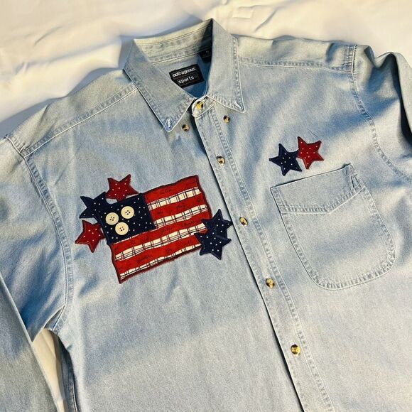 Patriotic Outrageous Sport Men Denim Button Down Shirt Blue Embroidered Cotton L - Picture 4 of 13